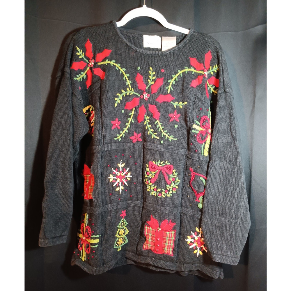 Kathie Lee Sweater Women Large Holiday Embroidered Knit Vintage Christmas Top
